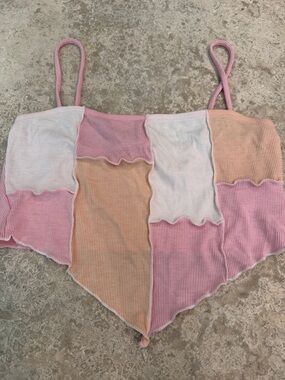 Blue Blush Patchwork Ribbed Bandeau Crop Top - Pink, Cream & Peach